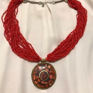 Red Statement Piece Beaded Necklace